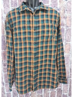 Vans Mens Medium Tailored Fit Button-Up Plaid Flannel Shirt In Green & Orange